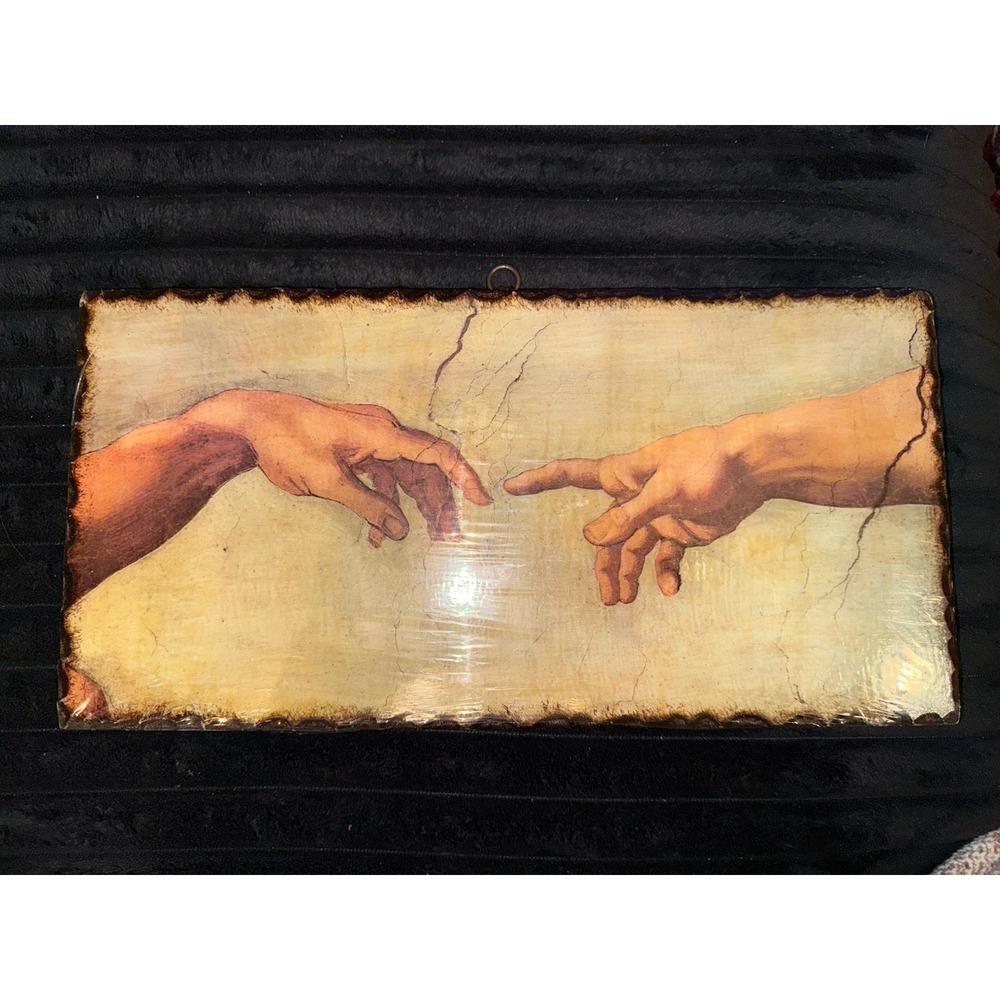 Creation Of Adam painting 15x7.5x.5" BurntWood Replication By Michelangelo Italy
